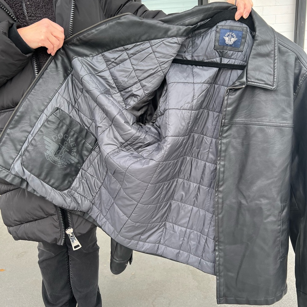 New Dockers vegan leather jacket zippered inner pocket quilted lining motorcycle
